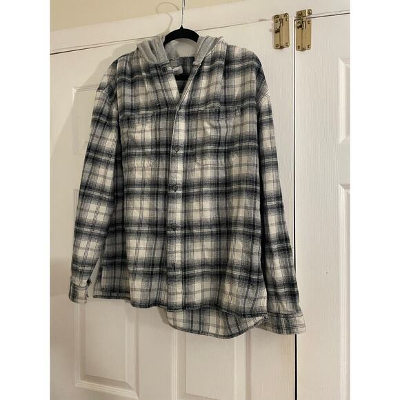 Urban Outfitters Y2K Plaid blue and white hooded shirt size large - Picture 2 of 8